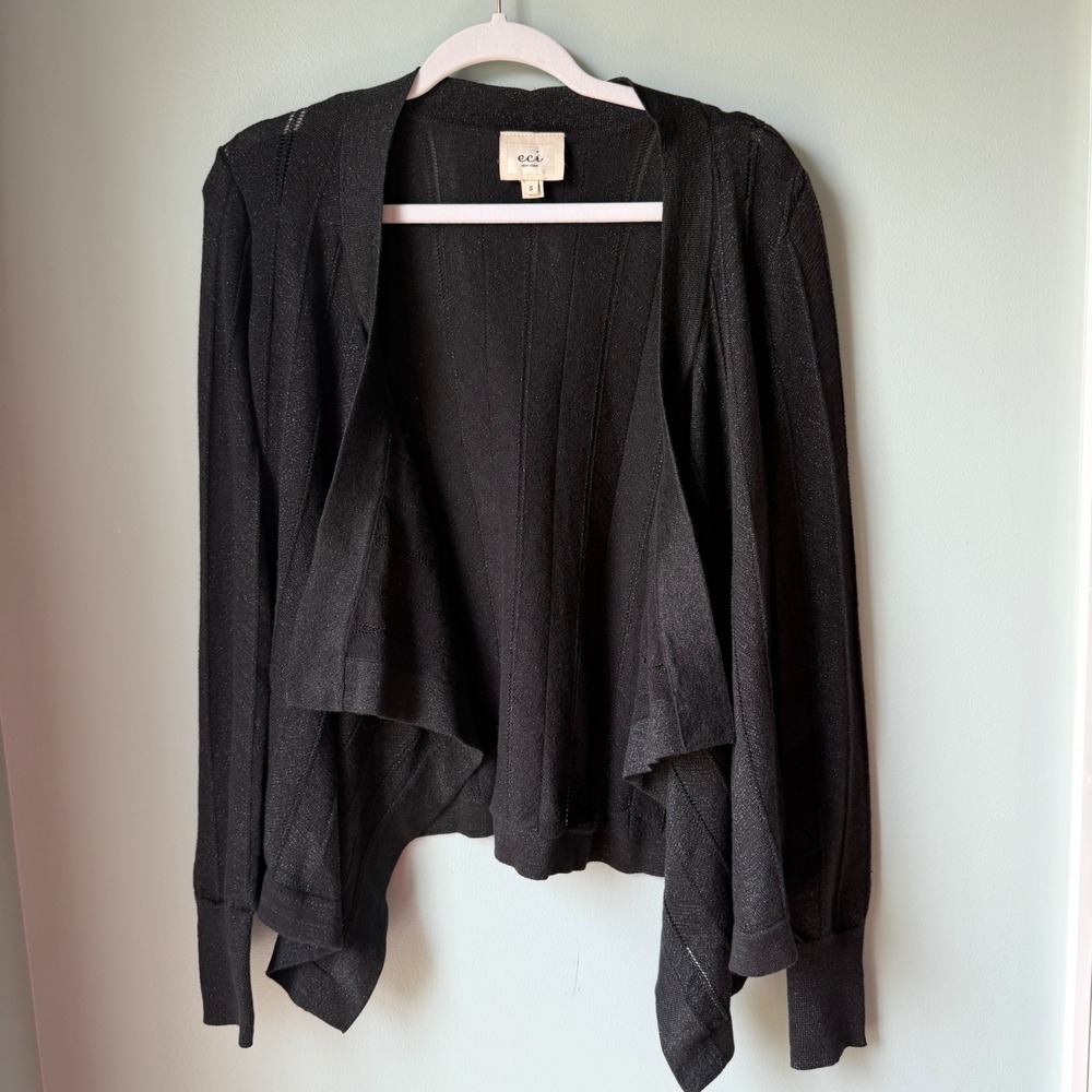 ECI New York Open Front Cardigan Sweater Black Metallic Waterfall Open Knit SZ S